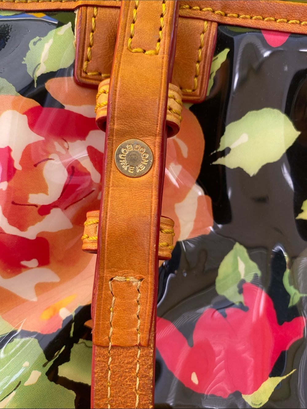 Dooney & Bourke Black Floral Coated Tote with Tan Leather Handles - Picture 12 of 16
